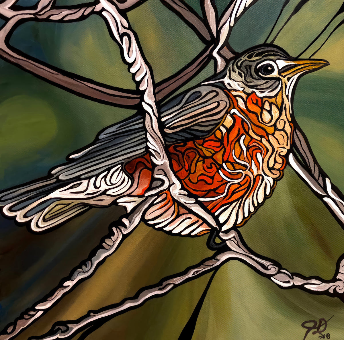 Stylized Painting by Jeff Dillon of a bird perched on branches, rendered with bold black outlines and layered orange, red, cream, gray, and olive-green tones against a soft green background.