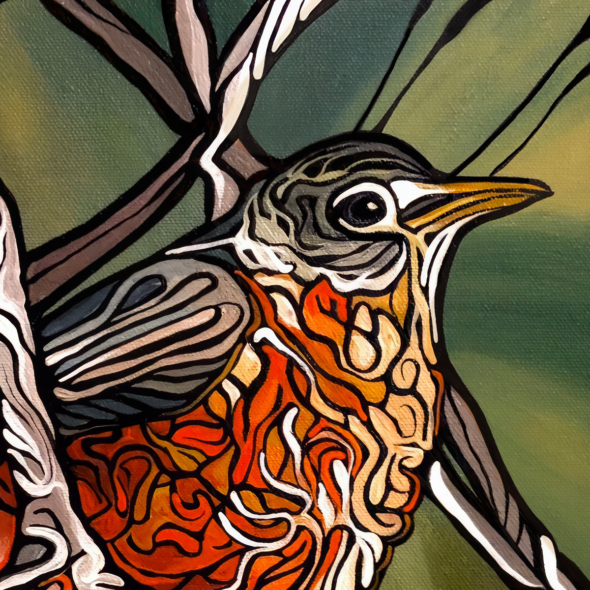 A close-up stylized painting Jeff Dillon FIne Art of a bird with a gray head and wings, a yellow beak, and an orange-red patterned chest against a green background.