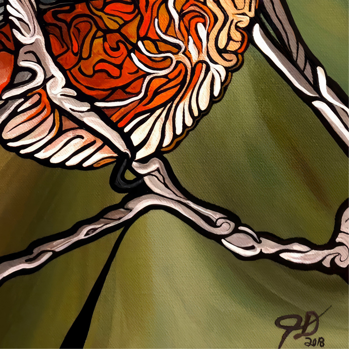 Close-up of an abstract painted Jeff Dillon FIne Art scene with a textured orange and cream circular form, white rope-like lines, and an olive green background. A stylized signature and '2018' appear in the lower right.