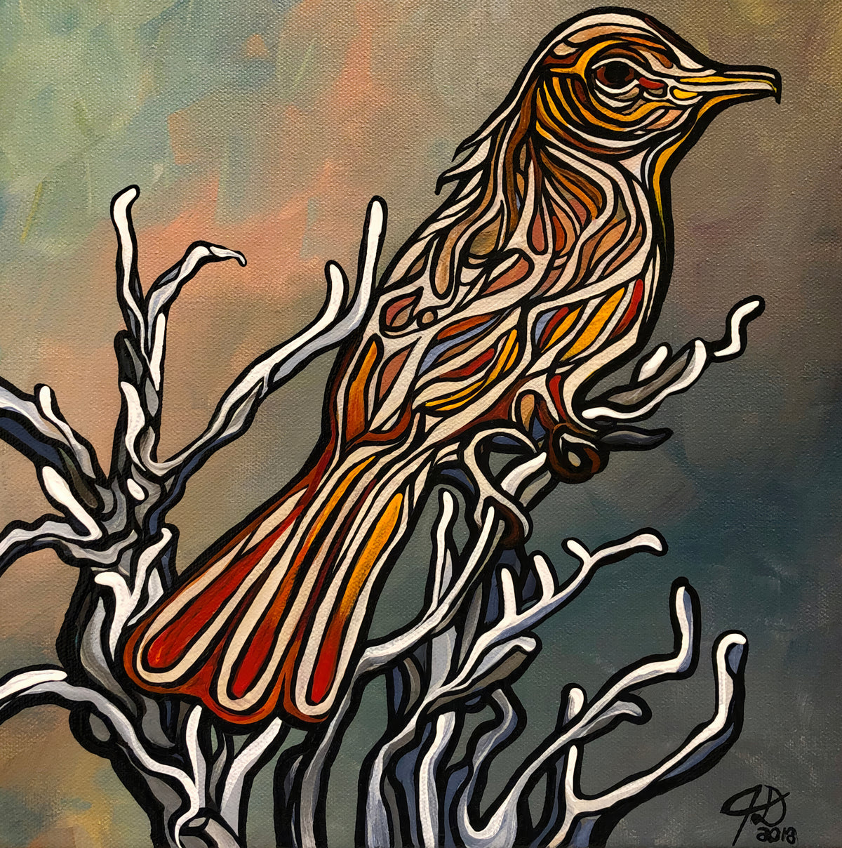 An expressive Painting by Jeff Dillon of a bird perched on white branches, rendered with layered orange, yellow, red, black, and gray brushstrokes against a textured blue-gray and peach background.