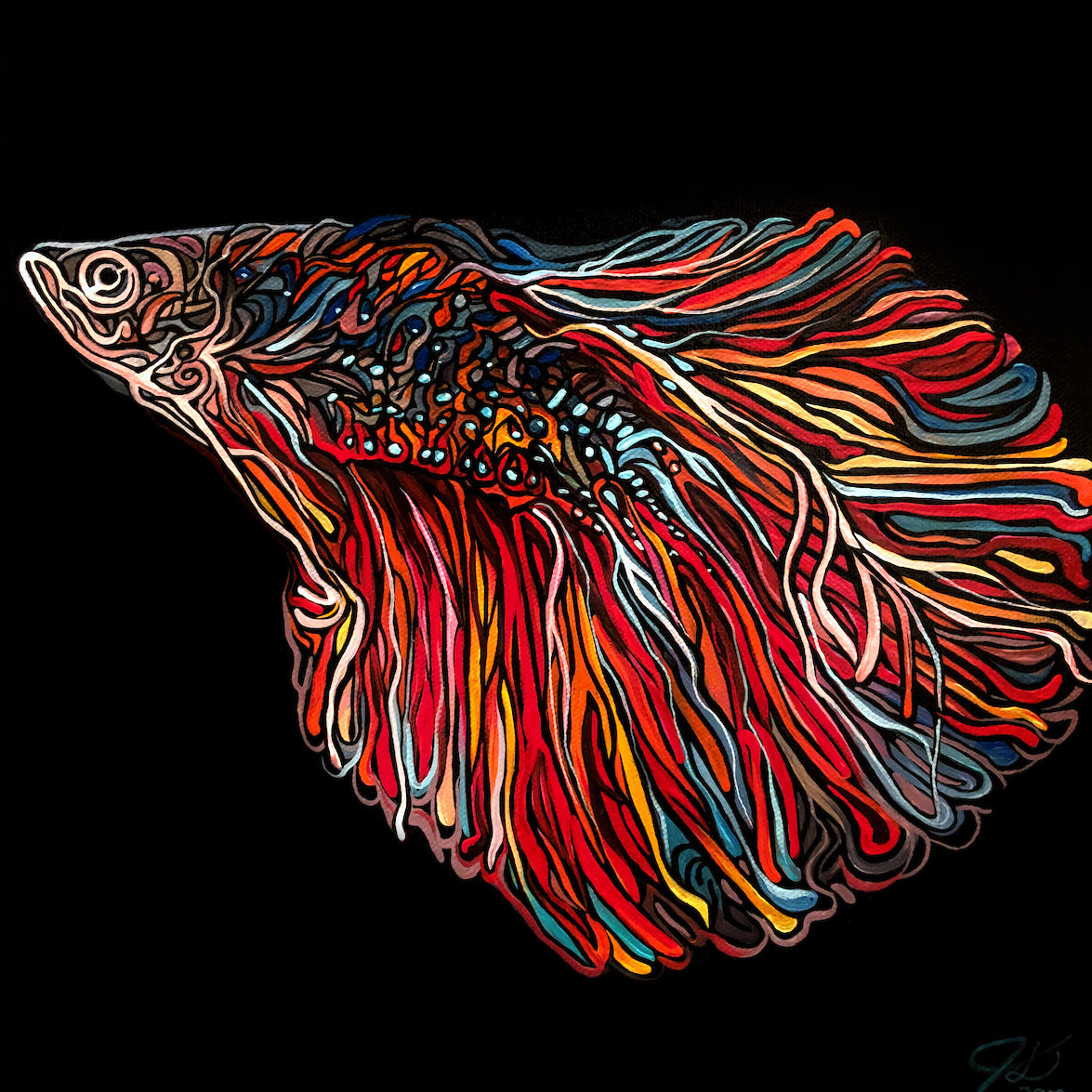 A stylized, colorful fish painting on a solid black background. The fish is rendered with flowing, ribbon-like lines in red, orange, yellow, blue, white, and black, creating a highly textured and vibrant appearance.