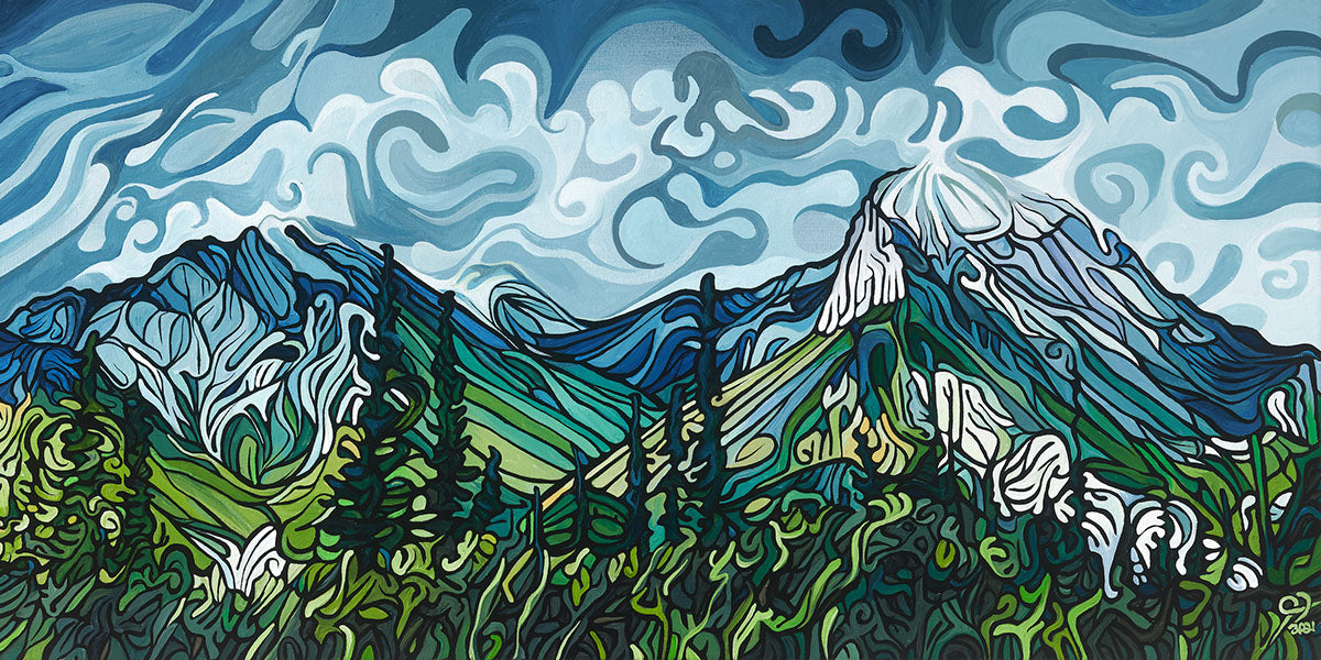 Limited edition fine art print "Windy Jasper Range" by Jeff Dillon depicting mountains, forest, and a swirling sky inspired by Jasper National Park, Alberta.