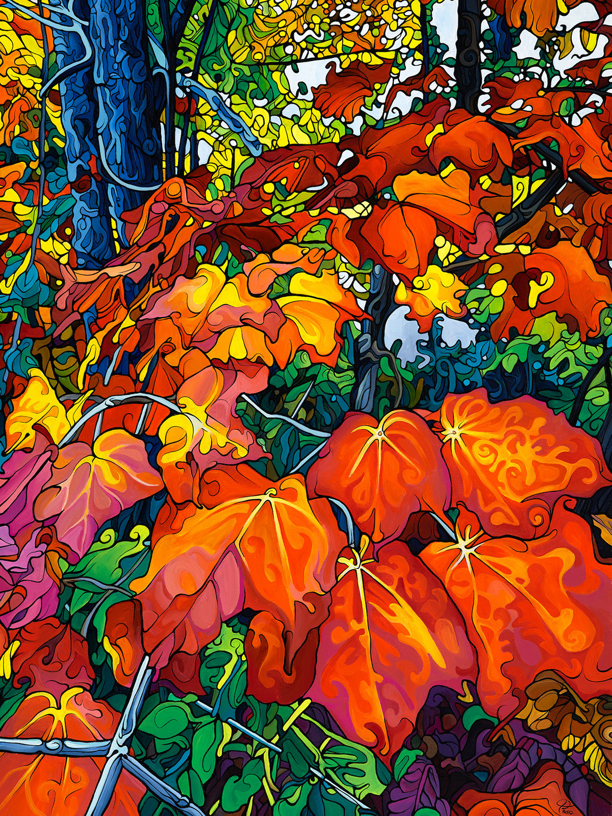 Limited edition fine art print "Triumphant" by Jeff Dillon depicting an autumn landscape with red, orange, and yellow foliage glowing in fall sunlight.