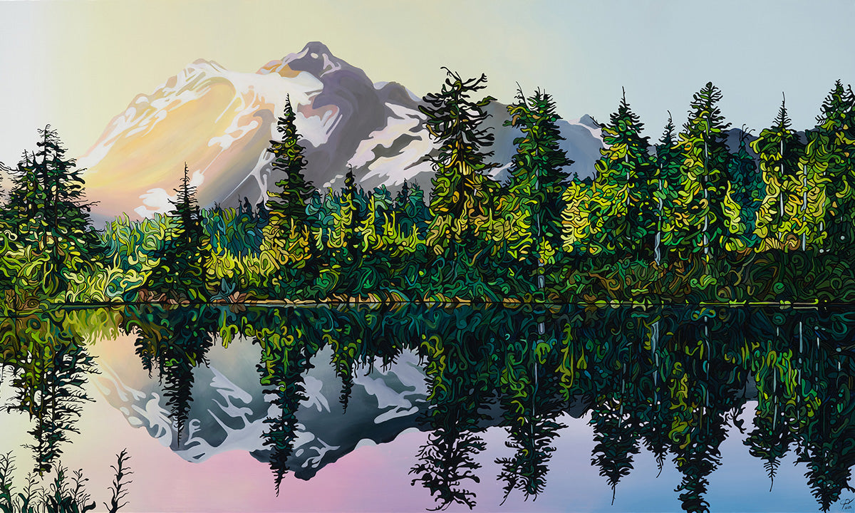 Original painting by Jeff Dillon depicting Cascade Range forest and mountains reflected in a calm lake at sunrise.