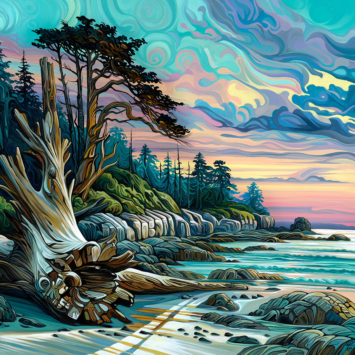 Original painting by Jeff Dillon depicting trees, swirling clouds, and a sunset sky in bold linework.