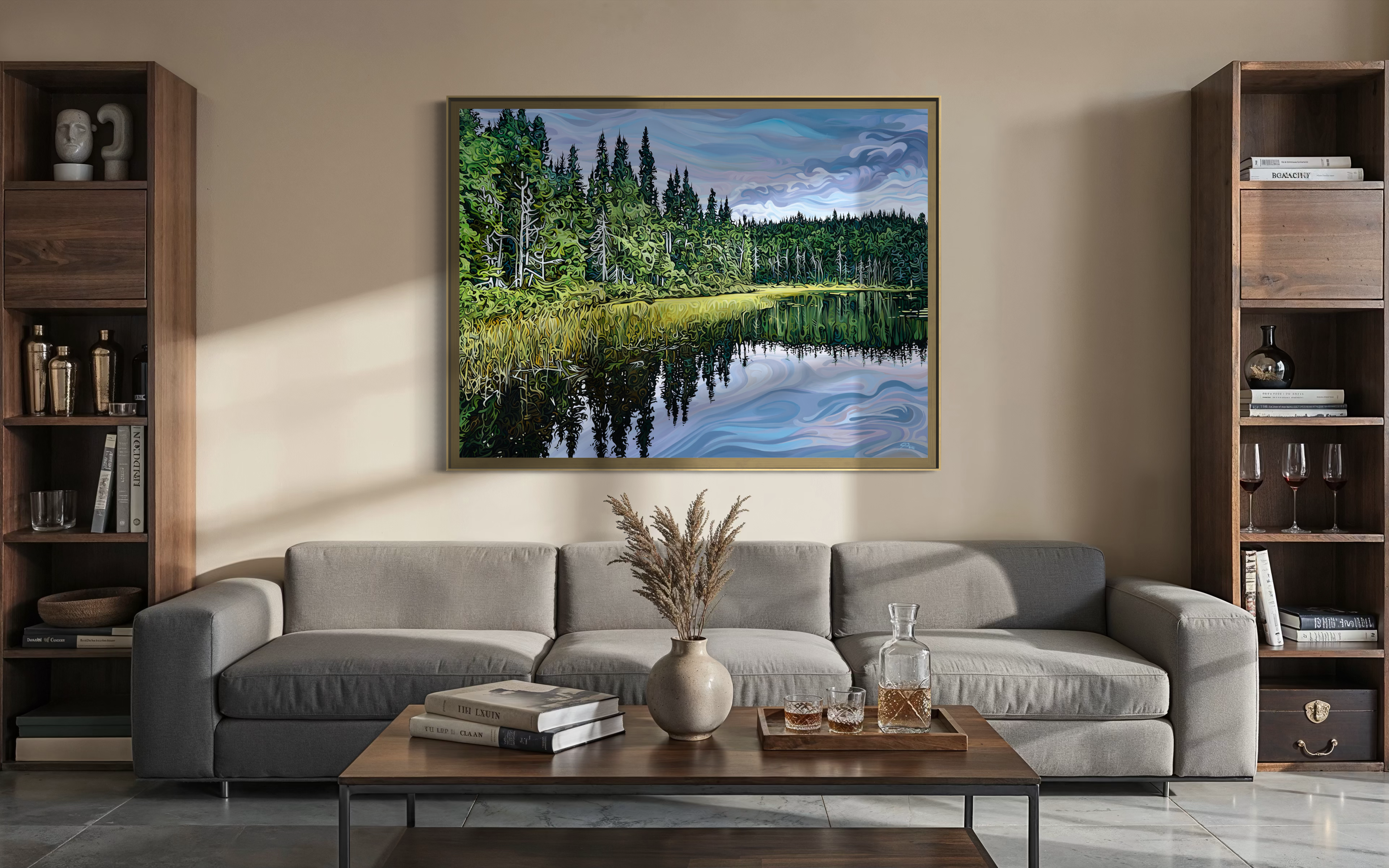 Acrylic painting of a forested lakeshore with dense evergreen trees and grasses reflected in still water under layered, drifting clouds