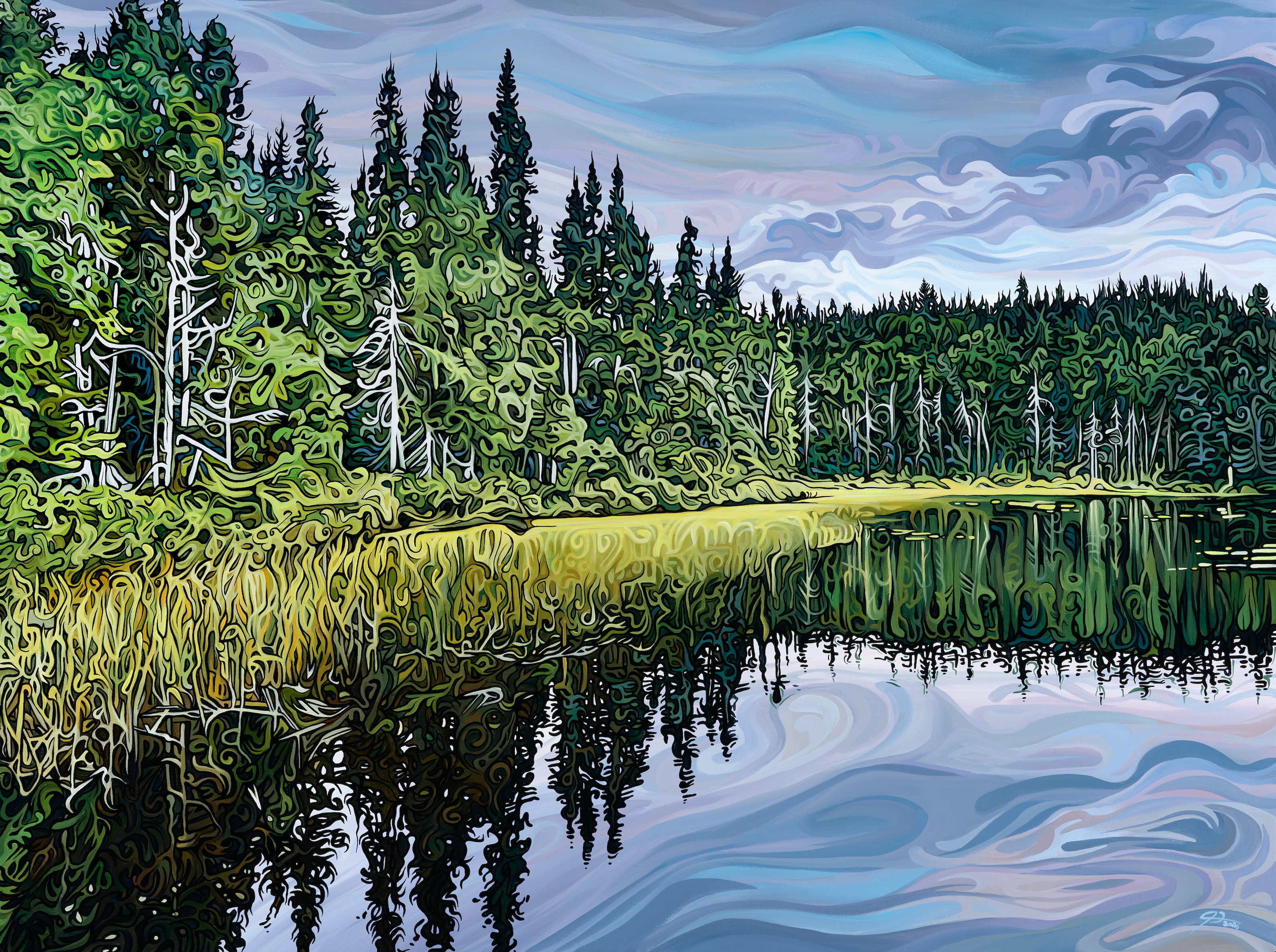 Acrylic painting of a forested lakeshore with dense evergreen trees and grasses reflected in still water under layered, drifting clouds