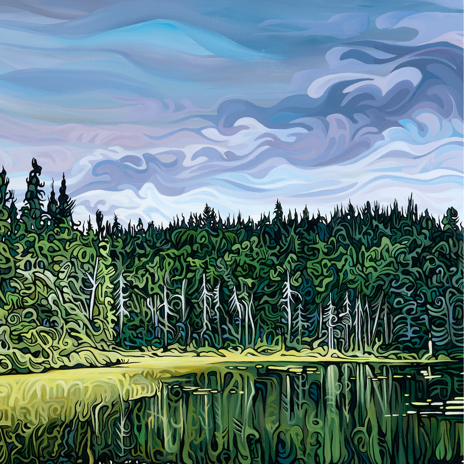 Acrylic painting of a forested lakeshore with dense evergreen trees and grasses reflected in still water under layered, drifting clouds