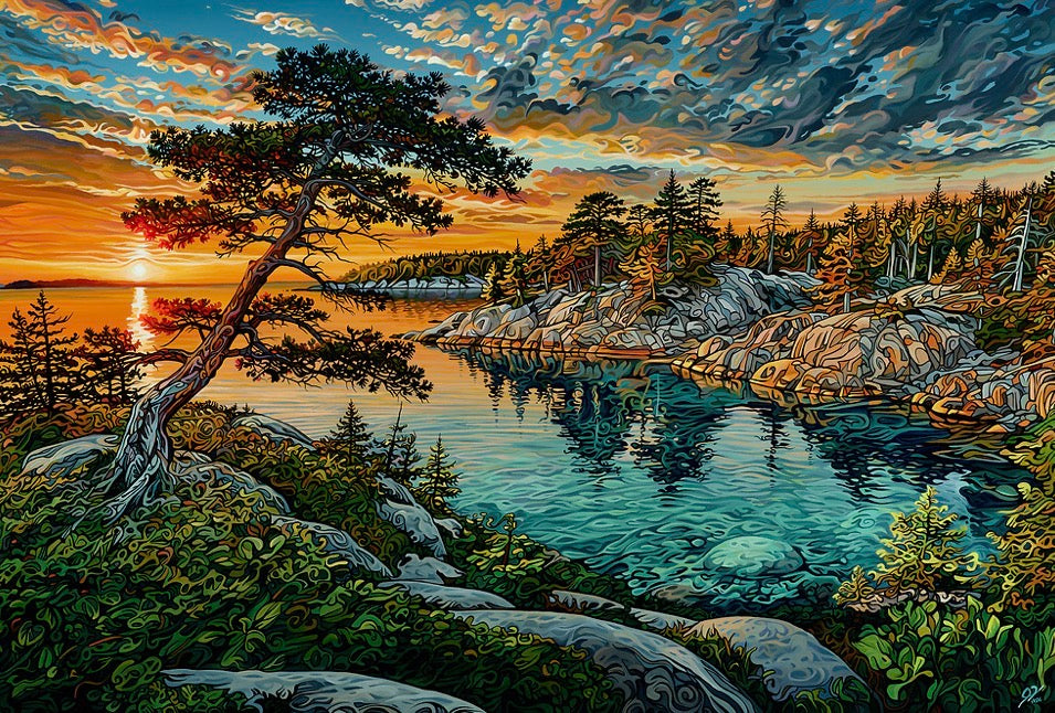 A stylized landscape painting of a rocky lakeside at sunset, with a leaning tree in the foreground, blue-green water, dark evergreen trees, and dramatic orange and gray clouds.