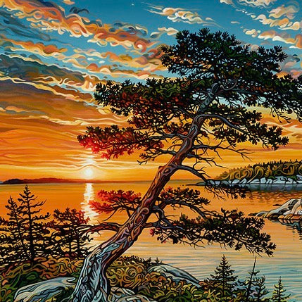 A stylized landscape painting of a rocky lakeside at sunset, with a leaning tree in the foreground, blue-green water, dark evergreen trees, and dramatic orange and gray clouds.