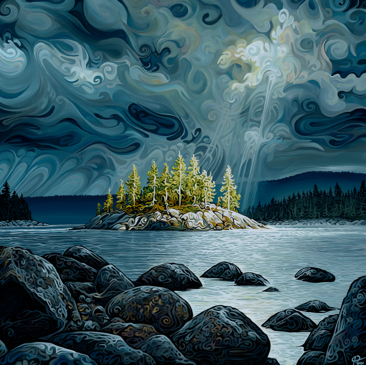 A stylized landscape artwork showing a rocky lake with a small island of evergreen trees under swirling dark blue and gray clouds, with no visible product framing or background surround.