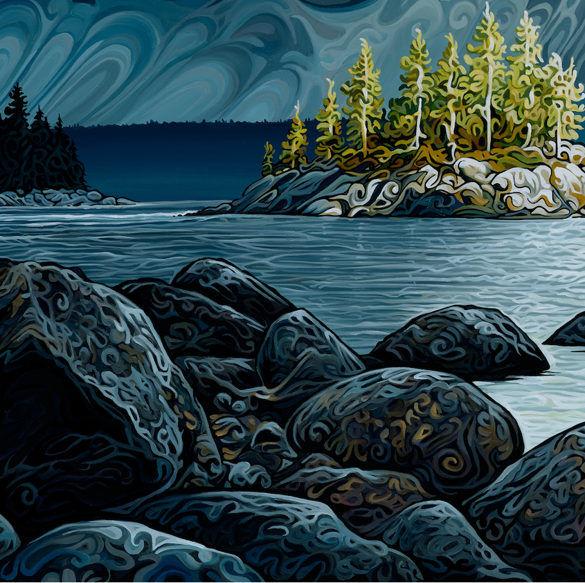 A stylized landscape artwork showing a rocky lake with a small island of evergreen trees under swirling dark blue and gray clouds, with no visible product framing or background surround.
