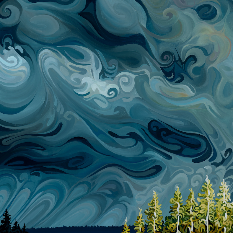 A stylized landscape artwork showing a rocky lake with a small island of evergreen trees under swirling dark blue and gray clouds, with no visible product framing or background surround.