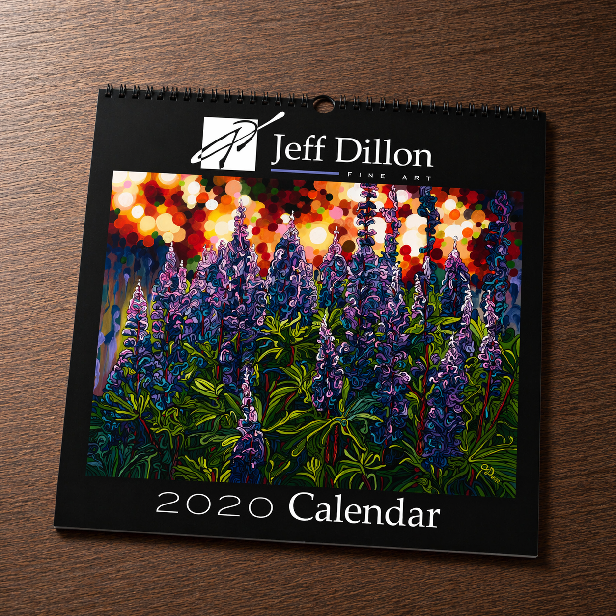 Calendar featuring purple flower paintings and colorful lights, labeled Jeff Dillon Fine Art.