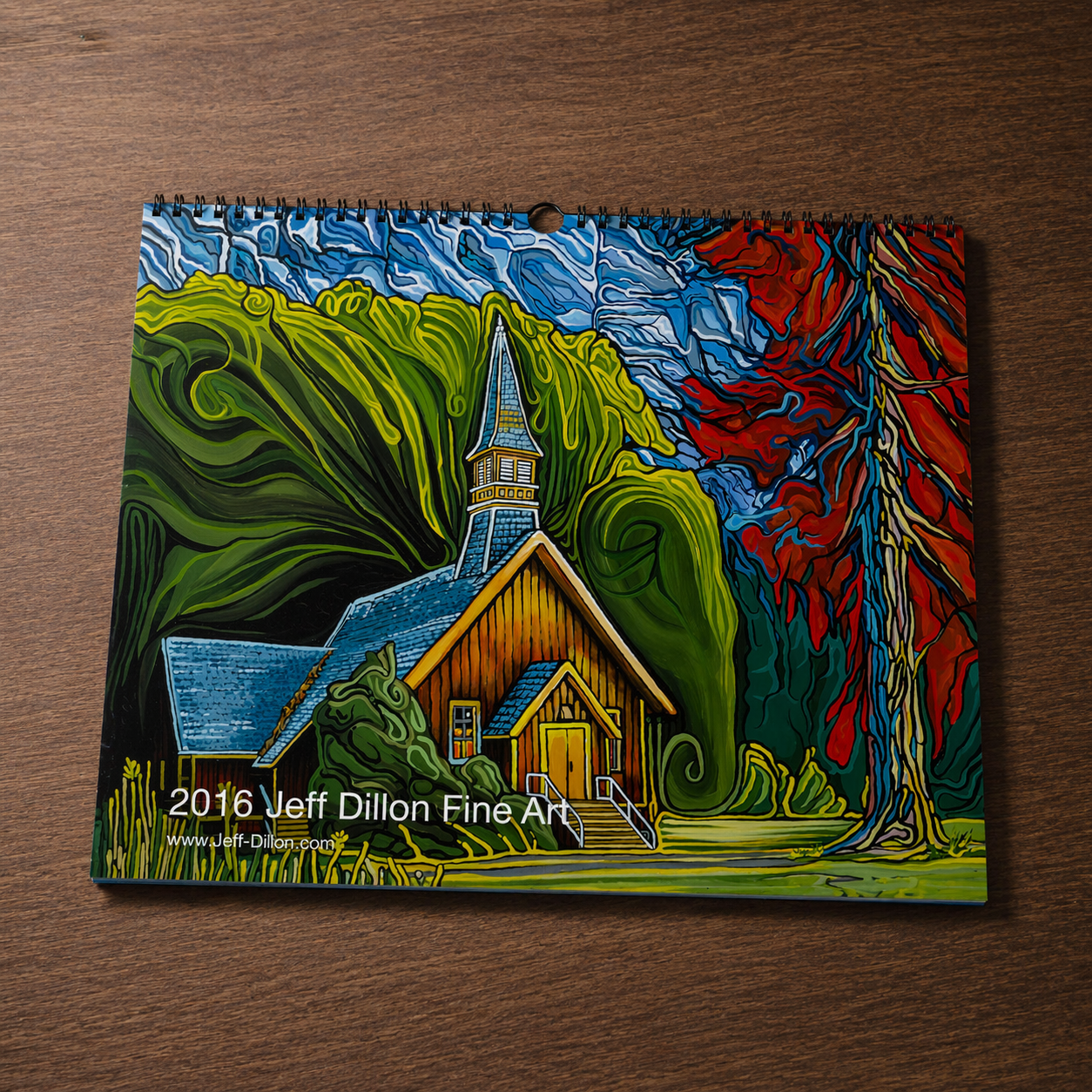 Vibrant curated paintings depict a church and swirling trees with rich colors and dynamic brushstrokes.