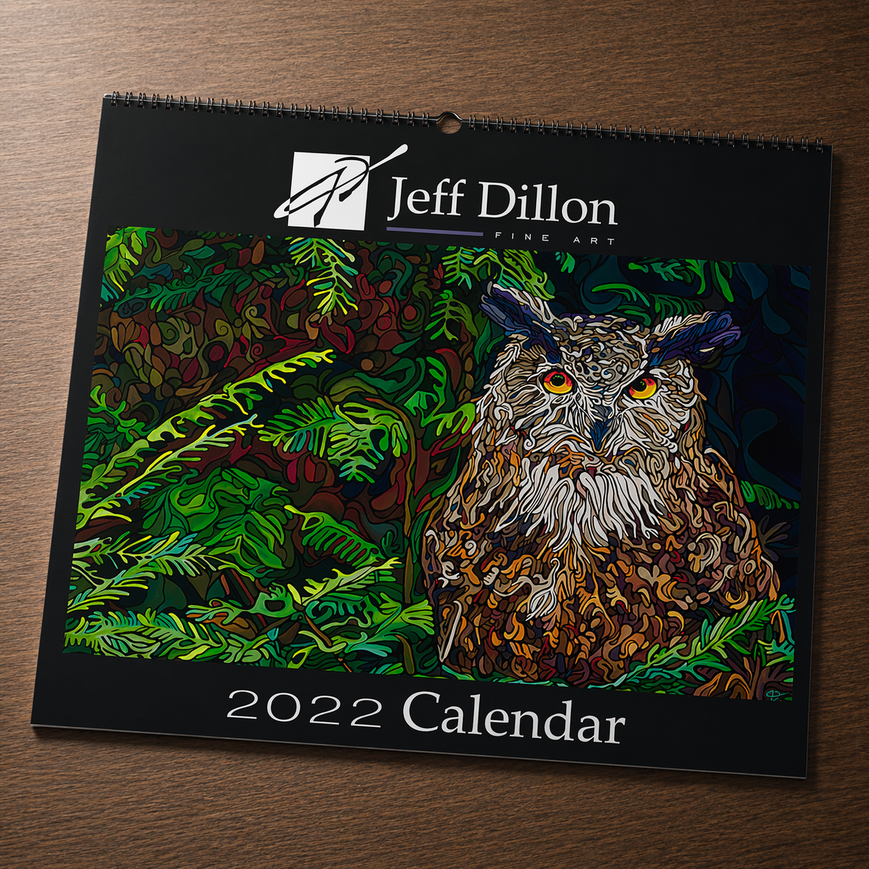 A colorful stylized owl surrounded by foliage painted by Jeff Dillon Fine Art.