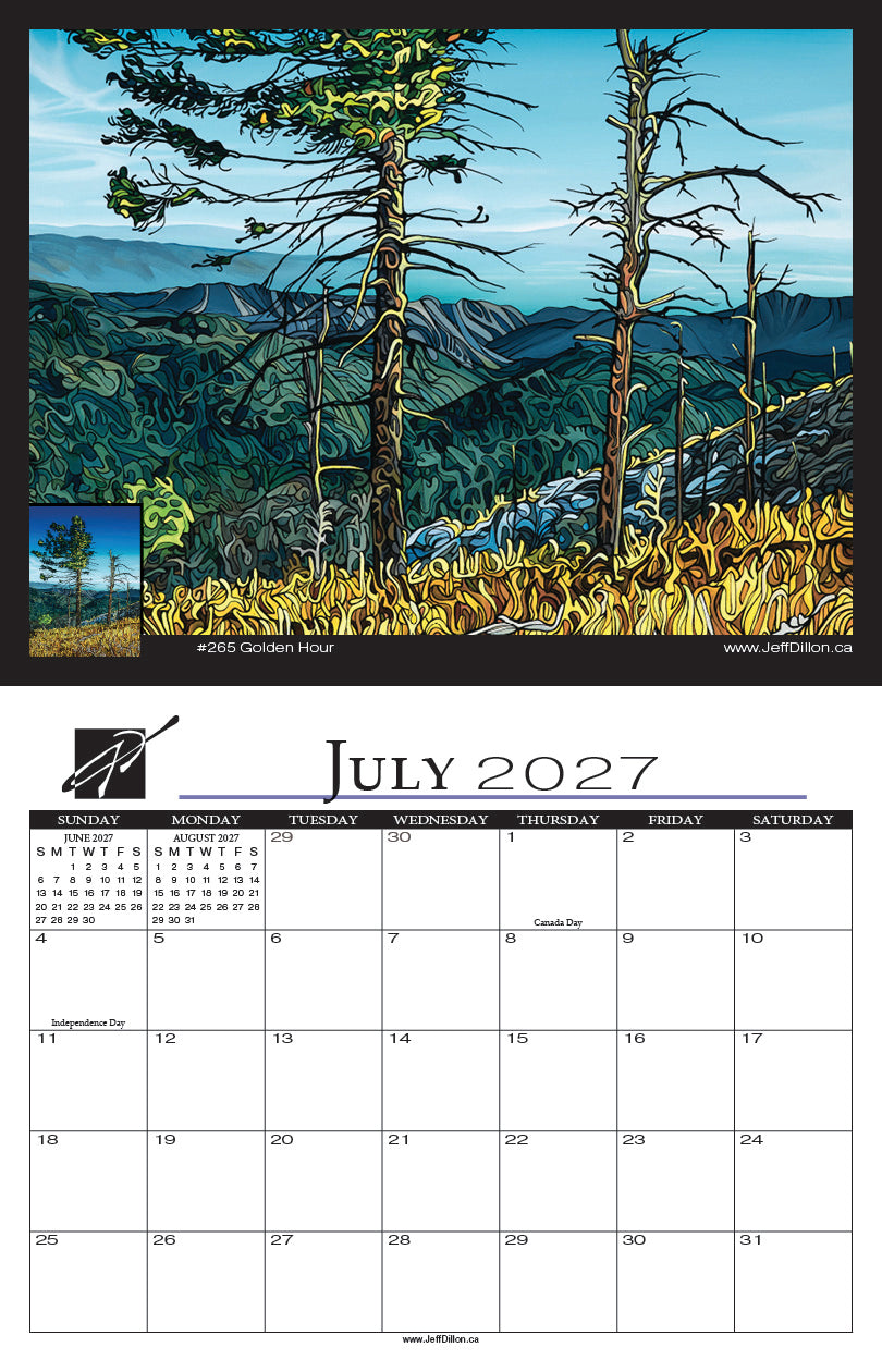A July 2027 calendar page featuring a stylized landscape painting of a mountain valley with tall trees in yellow grass under a blue sky. A small inset shows the painting with a black tree trunk highlighted.