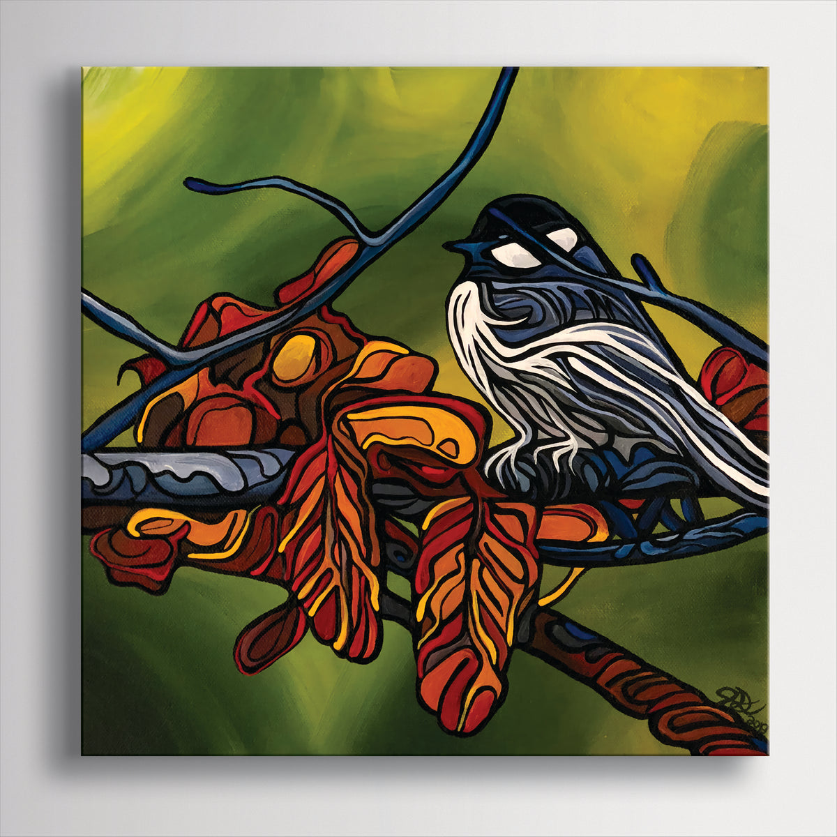 A square acrylic painting by Jeff Dillon Fine Art  of a black and white bird perched on a branch with red and orange autumn leaves, set against a textured green and yellow background.