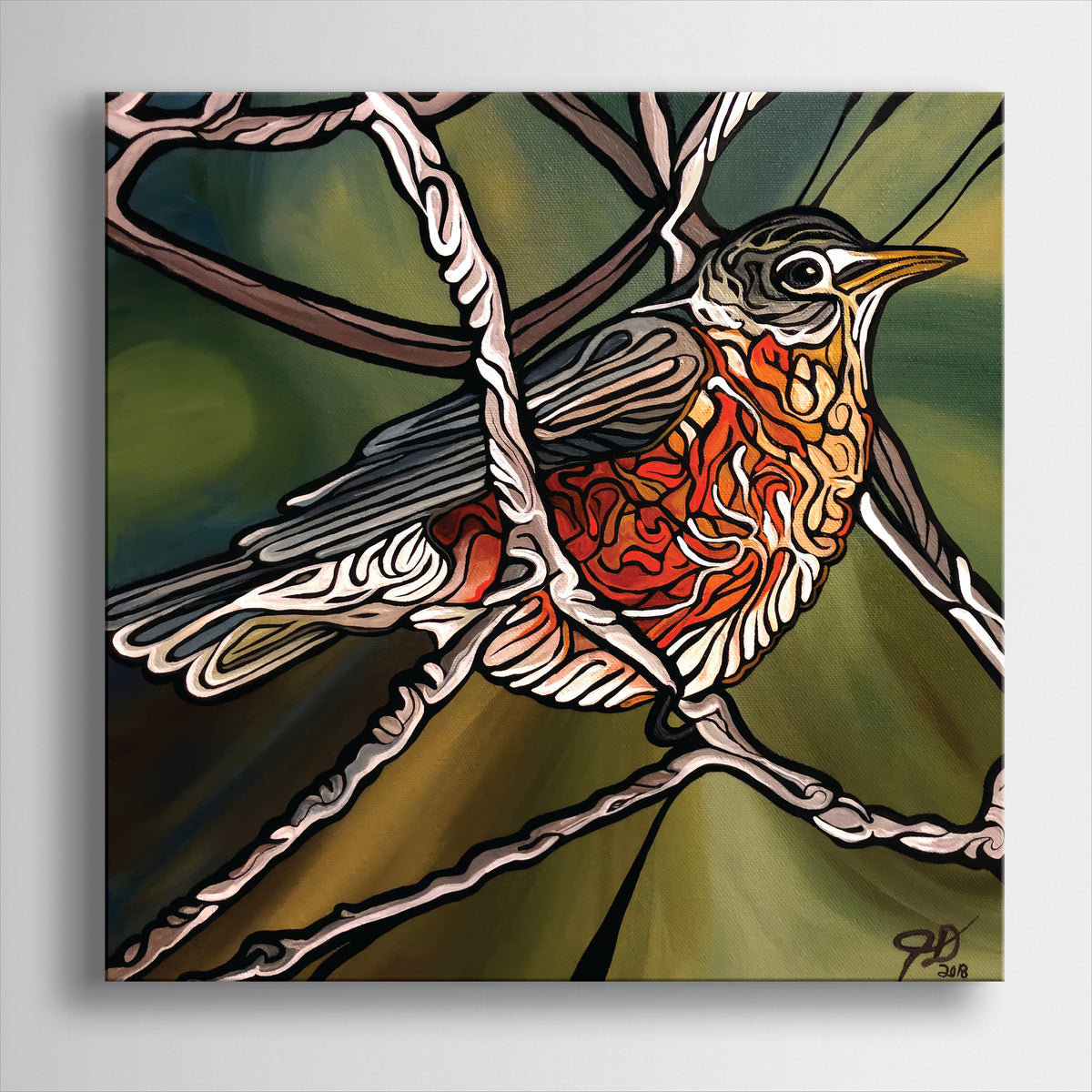 A stylized square wall art print by Jeff Dillon Fine Art   showing a bird perched on branches, rendered in bold black outlines with green, olive, brown, orange, red, and white areas. The artwork is photographed against a light neutral wall.
