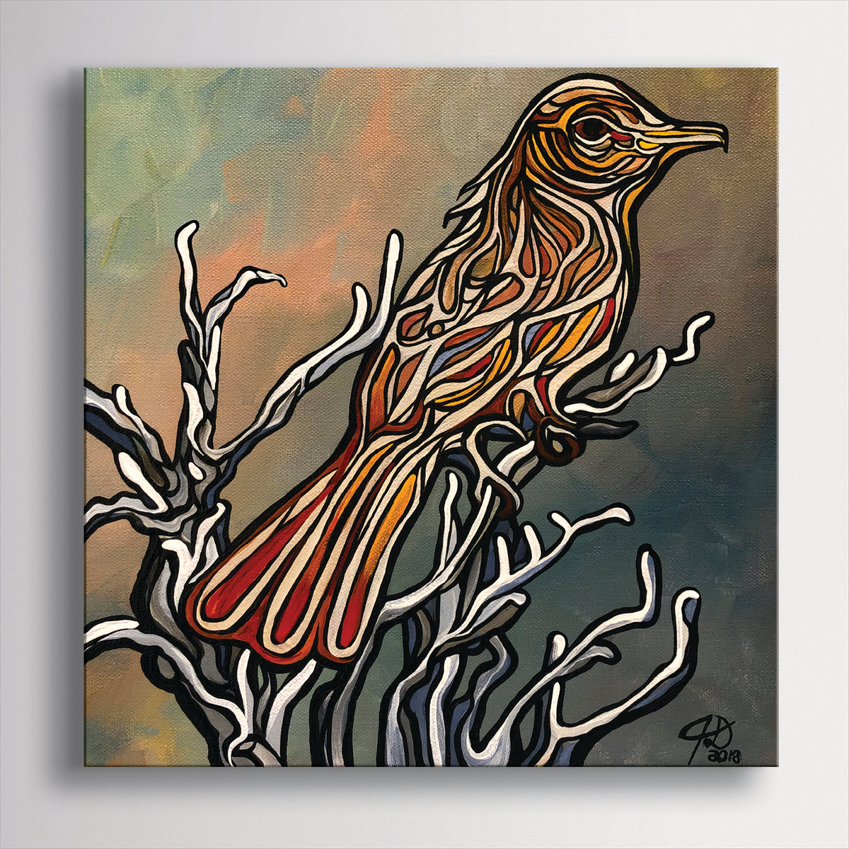 A square canvas art print by Jeff Dillon Fine Art  featuring a stylized bird perched on white branches, with a textured background in muted teal, orange, and brown tones.