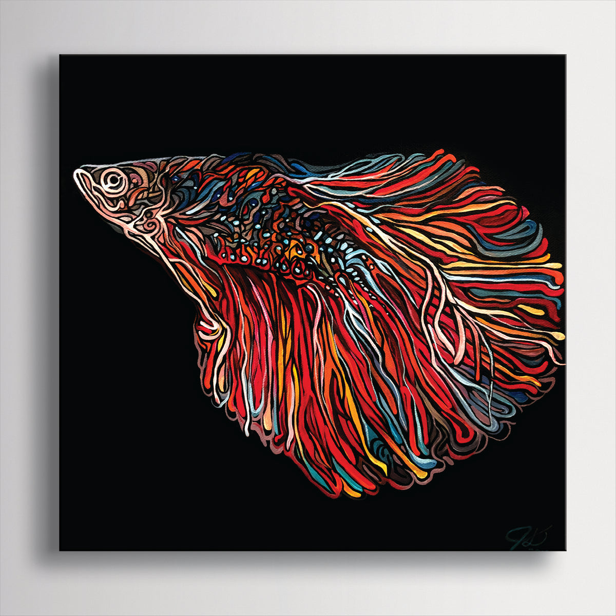 A square canvas art print by Jeff Dillon Fine Art   featuring a stylized, colorful betta fish on a solid black background, shown as a physical product with a subtle drop shadow against a light gray wall.