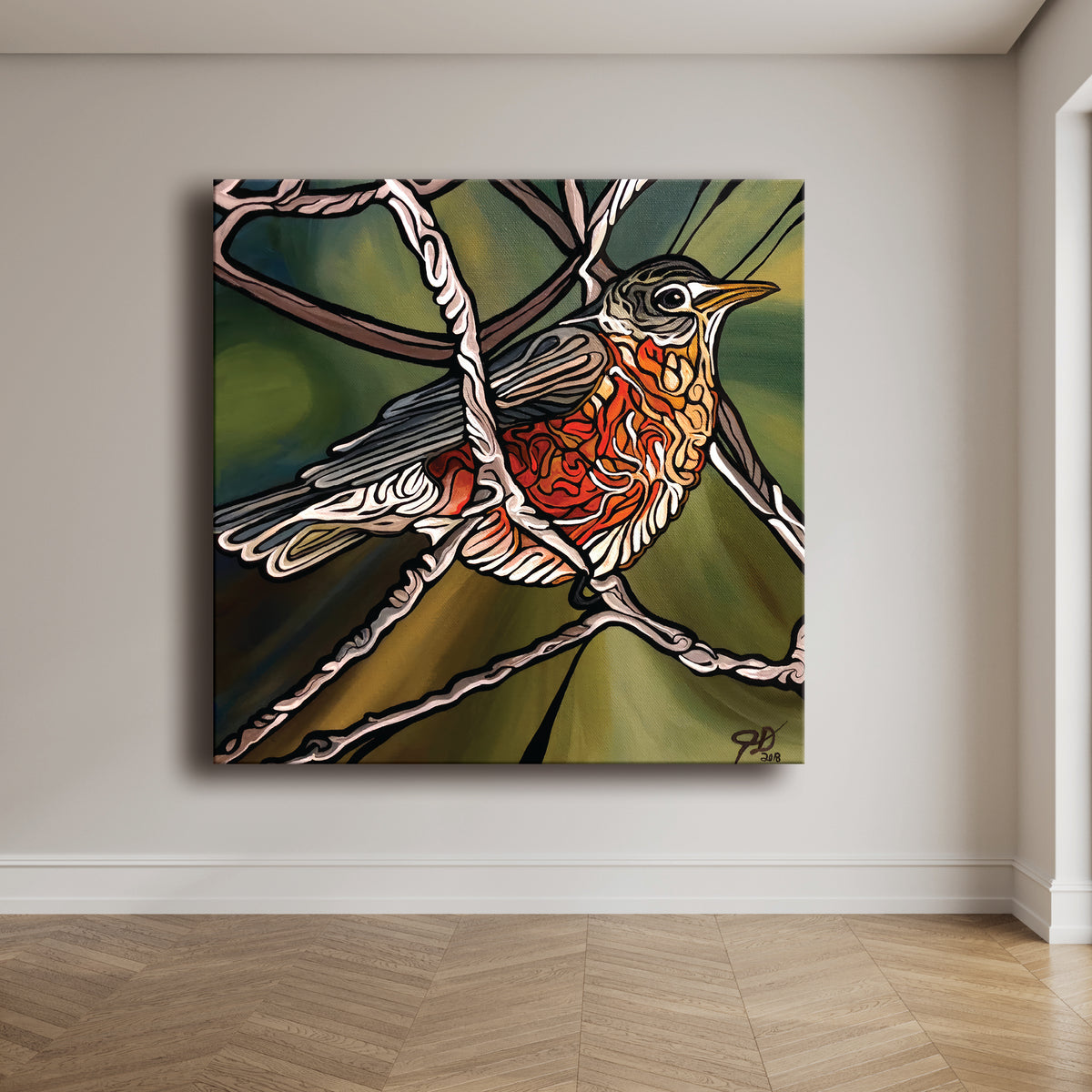 A square canvas wall art print by Jeff Dillon Fine Art   depicting a stylized bird perched on branches, shown hanging on a light beige wall above a wood floor.