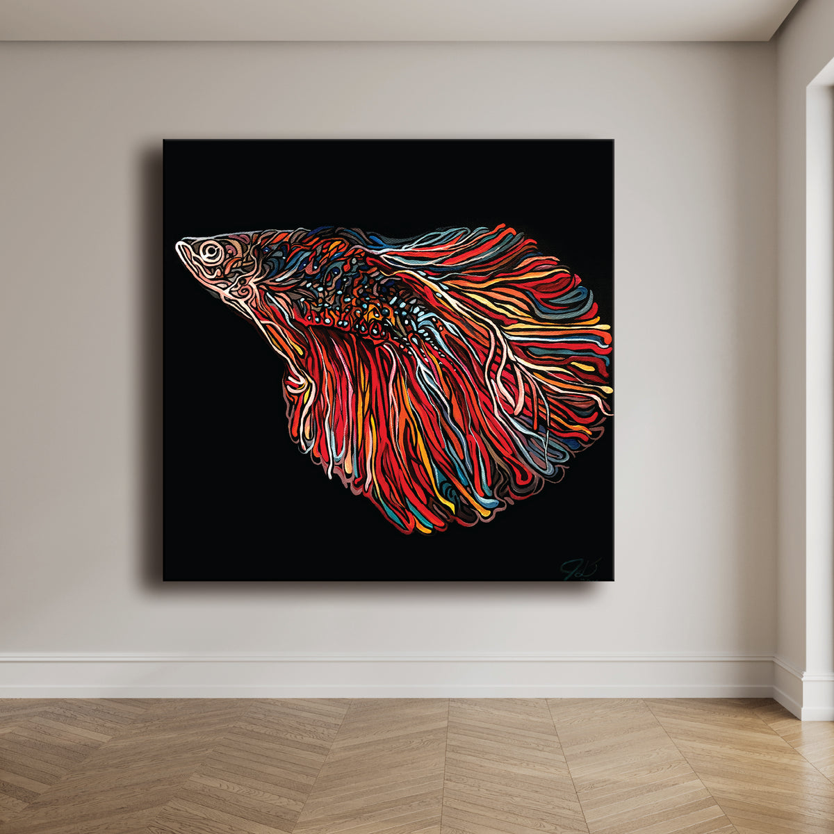 A square wall art print on canvas by Jeff Dillon Fine Art  showing a stylized multicolored betta fish on a black background, displayed on a beige wall above a light wood herringbone floor.