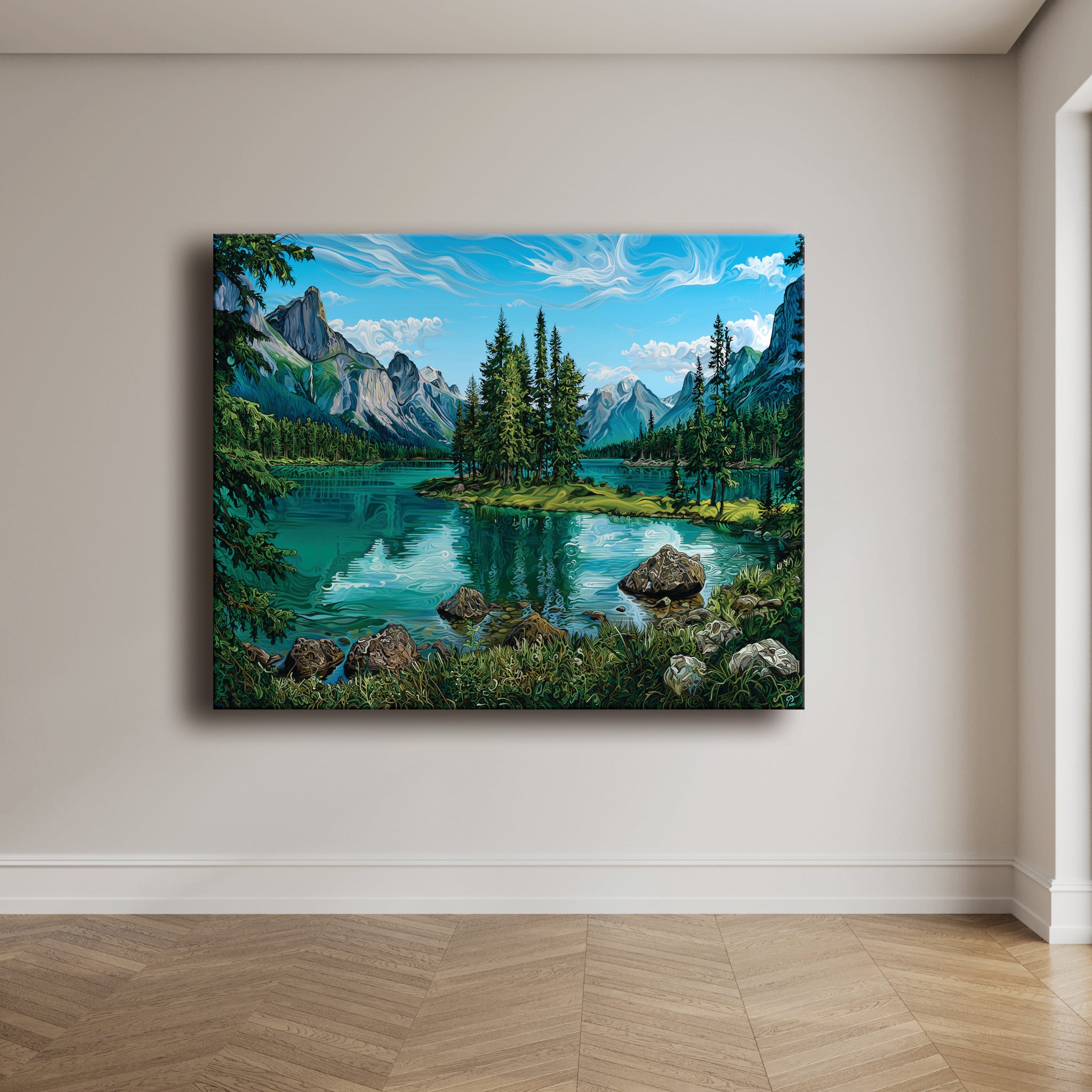 Painting of a mountain landscape with a lake on a wall.