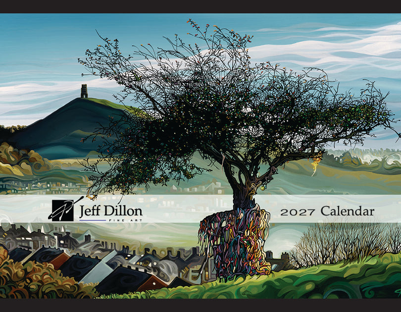 Jeff Dillon 2027 Calendar cover featuring a stylized landscape painting with a large tree in the foreground, rolling green hills, houses, and a pale blue sky.