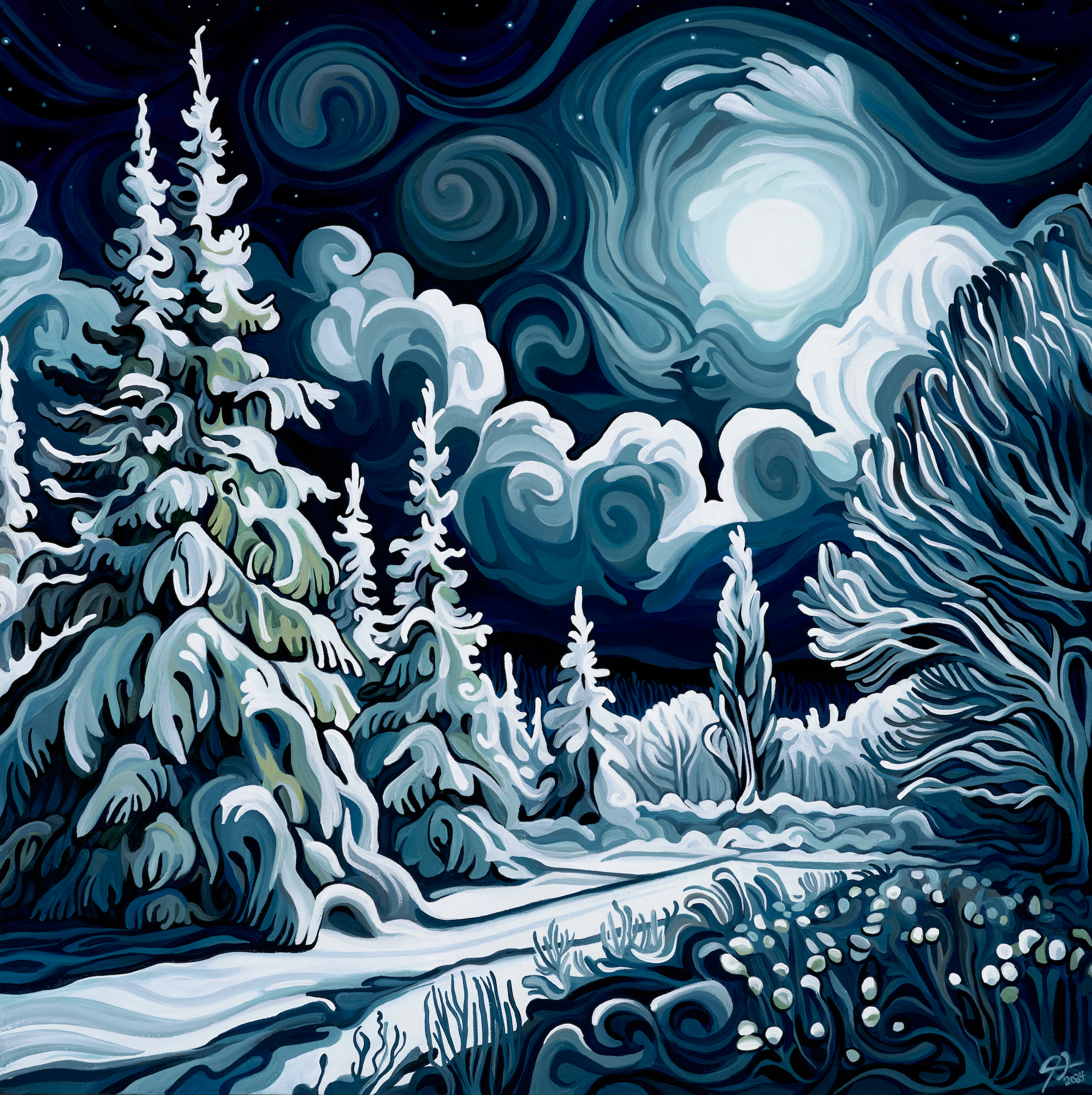 Limited edition print of original winter forest painting "Winters Whisper" by Canadian artist Jeff Dillon depicting a snowy pine forest at night, a moonlit path, and a peaceful winter landscape.