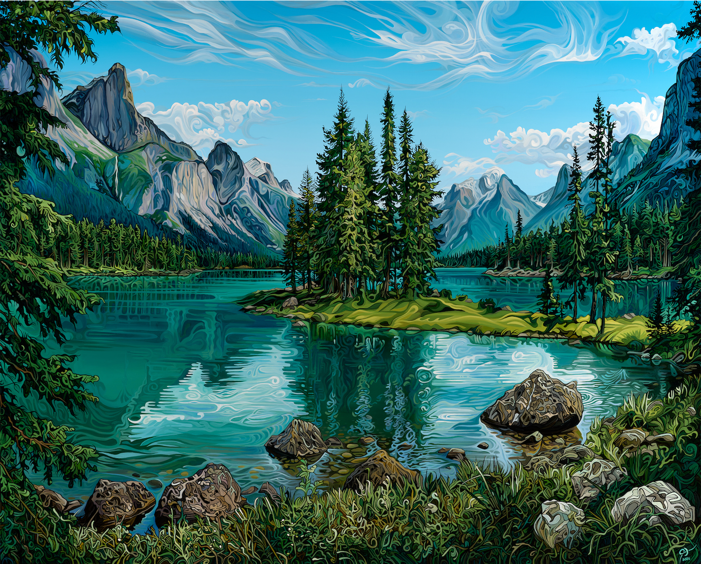 Scenic landscape with a lake, trees, and mountains