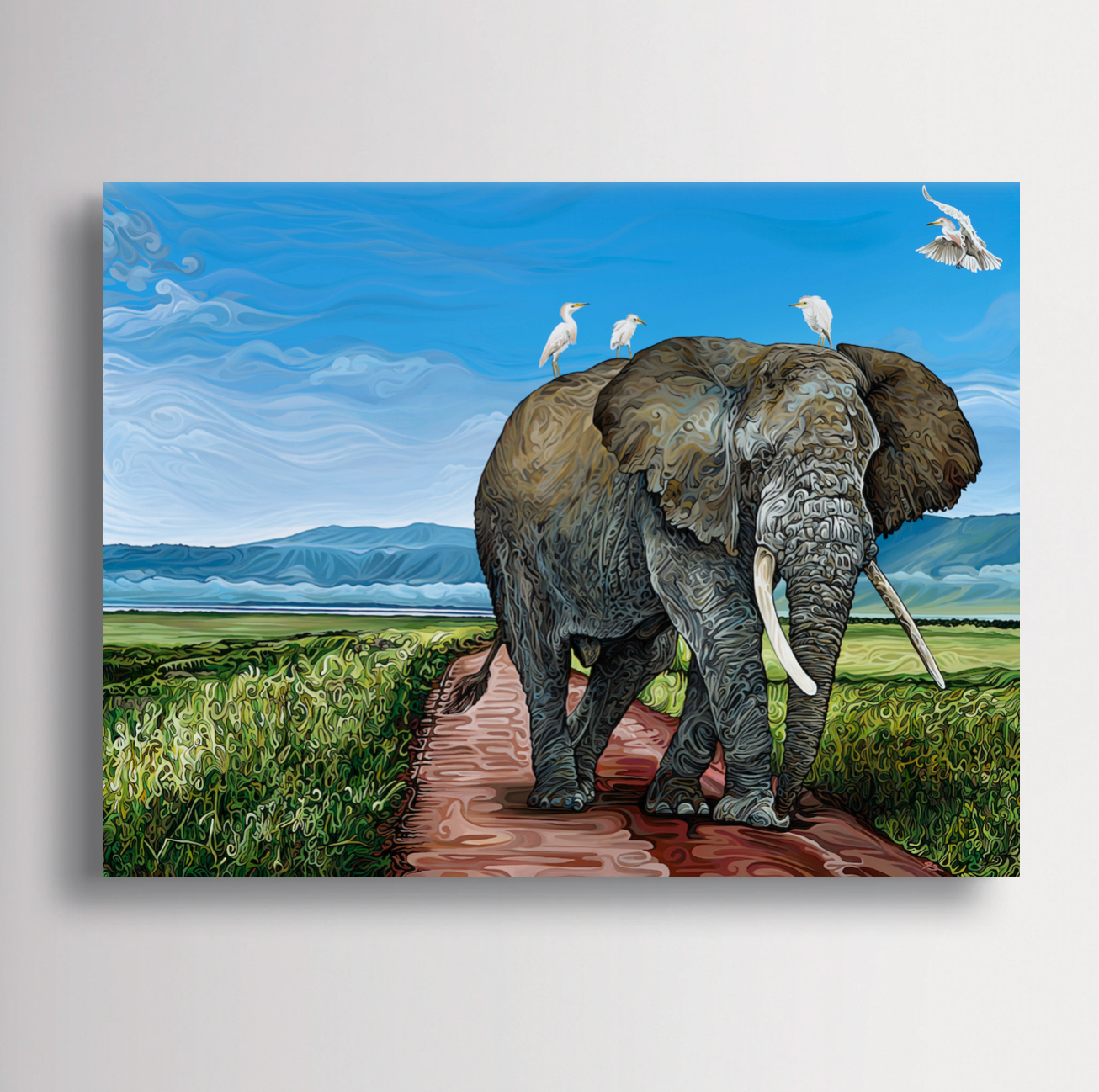 Original painting depicts a bull elephant with birds beneath a dramatic crater sky in Ngorongoro.