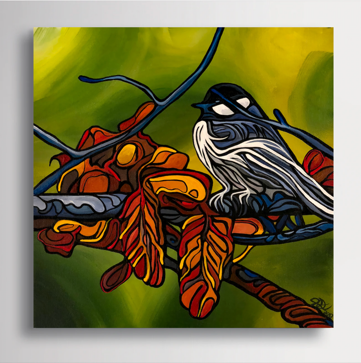 A square canvas art print Jeff Dillon FIne Art featuring a stylized bird perched on a branch with autumn leaves, painted in bold yellow, green, orange, red, black, and white tones, shown against a light gray background.