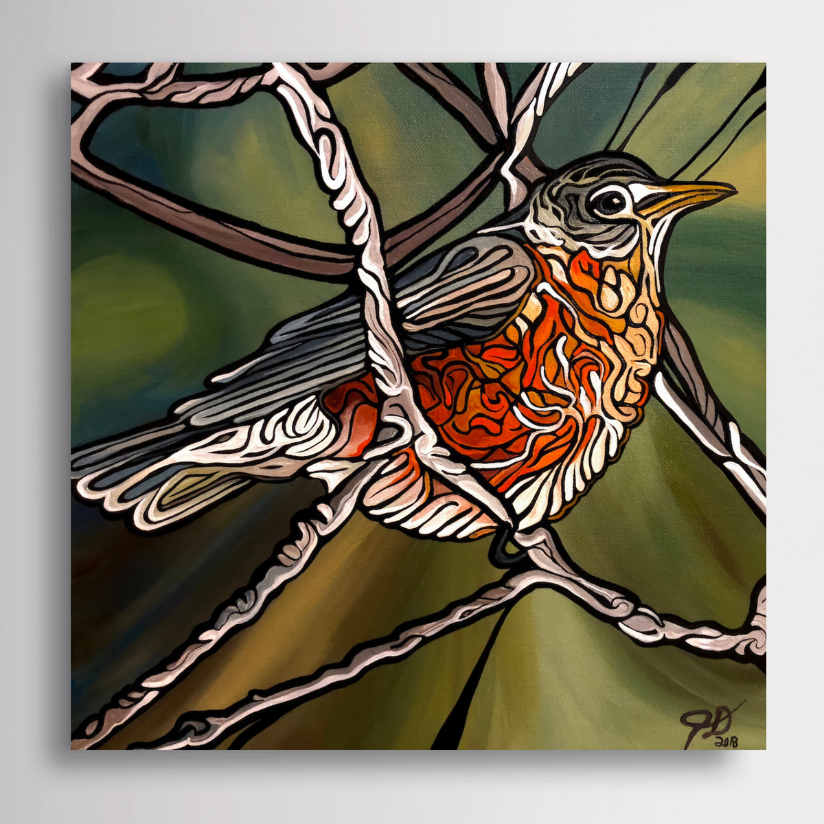 A stylized bird artwork Jeff Dillon FIne Art on a square canvas or print, showing a robin perched on branches with a green and olive background. The bird has gray wings, a cream and orange patterned chest, and a yellow beak.