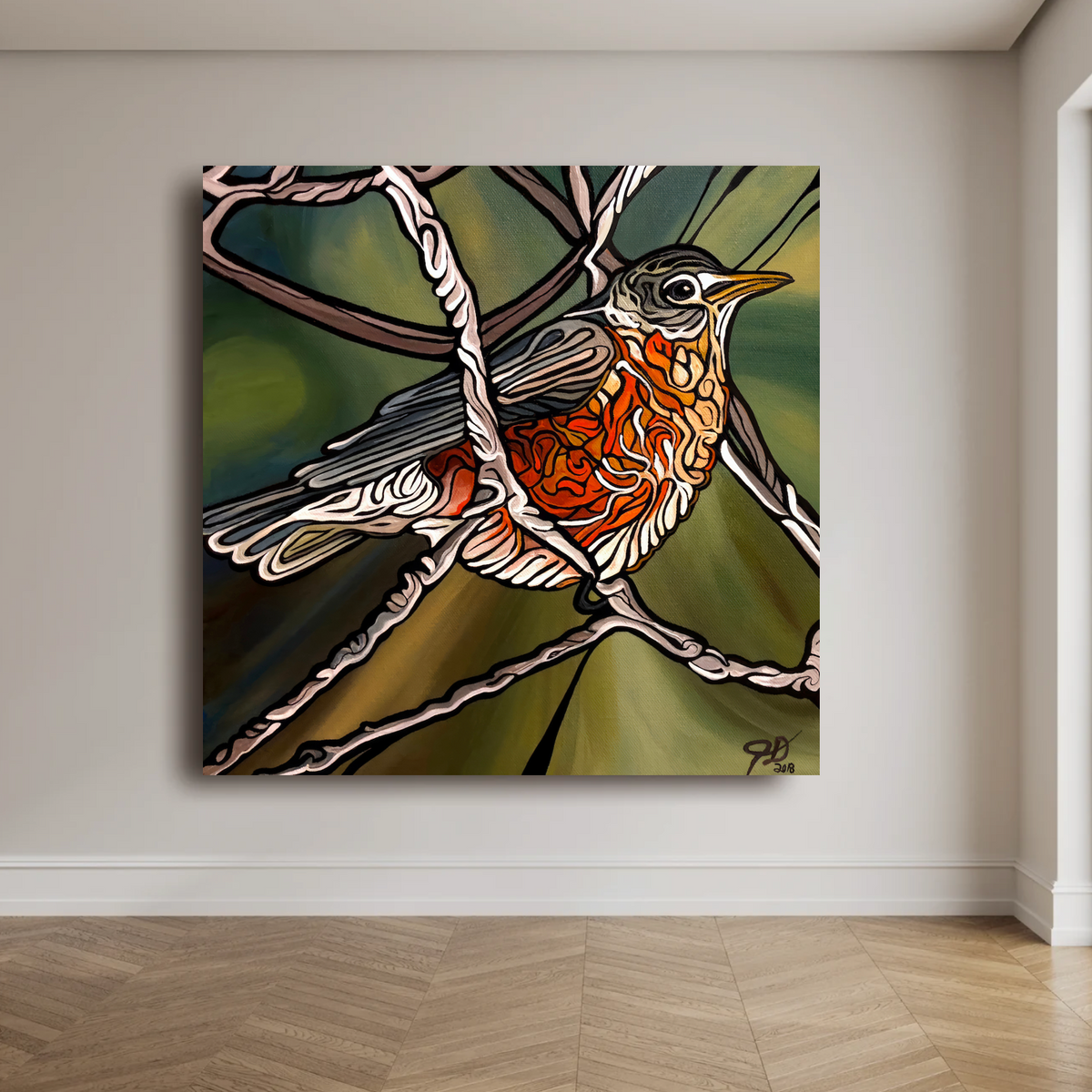 A stylized canvas wall art print Jeff Dillon FIne Art of a bird perched on branches, shown hanging on a light beige wall above a wood floor in a real interior setting.