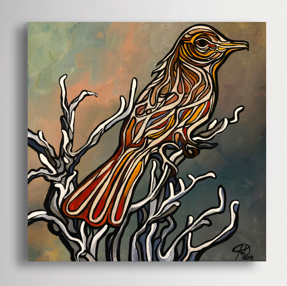 A square canvas art print Jeff Dillon FIne Art featuring a stylized bird with intricate orange, yellow, and red patterns perched on white branches against a textured background of warm beige and cool gray-green tones.
