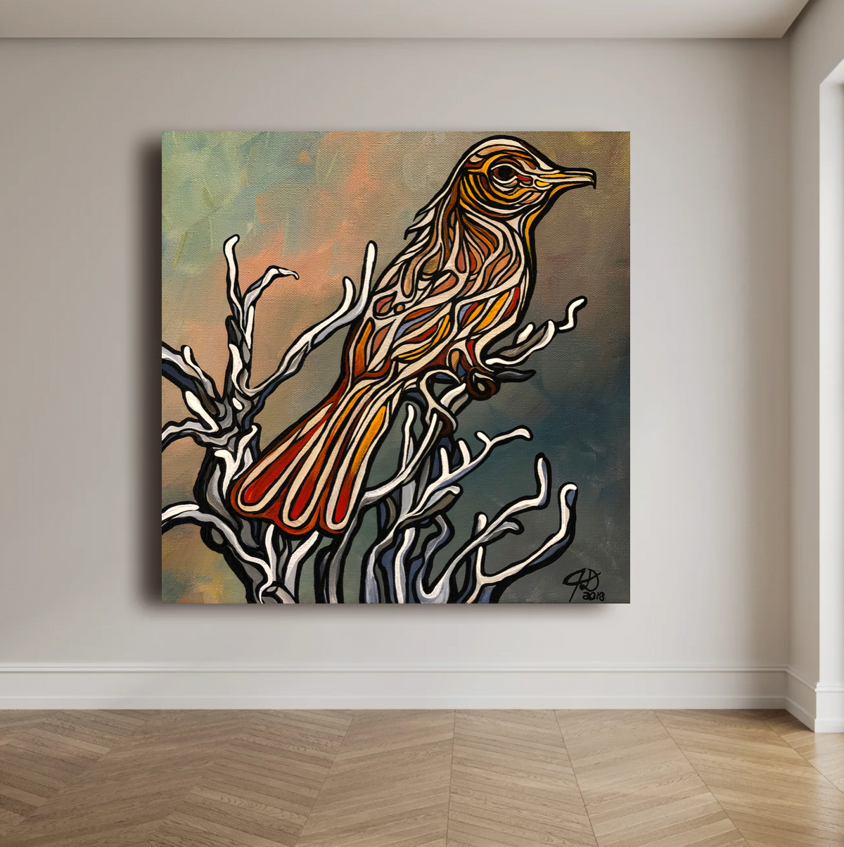 A square canvas wall art print Jeff Dillon FIne Art featuring a stylized bird perched on white branches, displayed on a light beige wall above a wood herringbone floor.