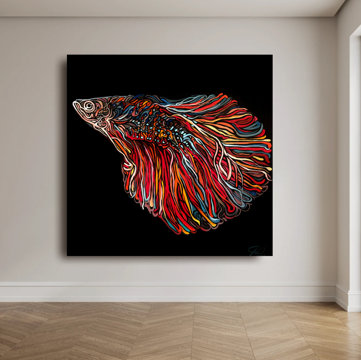 A square wall art print Jeff Dillon FIne Art showing a stylized colorful betta fish on a black background, displayed in a real interior with beige walls and light wood flooring.
