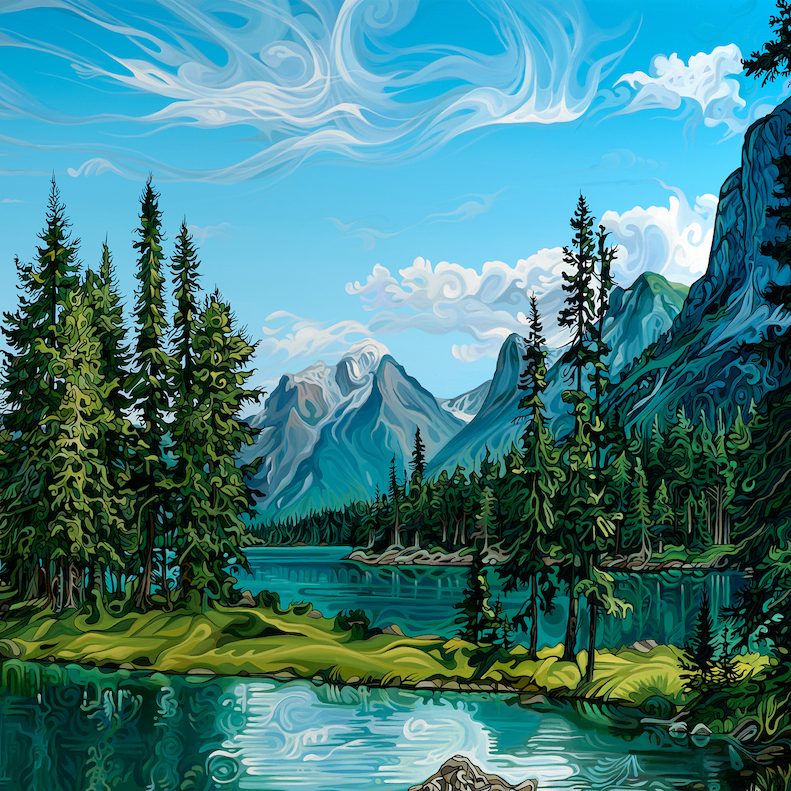 Scenic landscape with mountains, trees, and a lake under a blue sky.