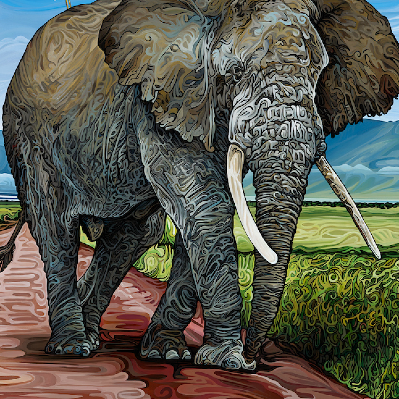 Painting of an elephant walking on a path with birds perched on its back, set against a blue sky.