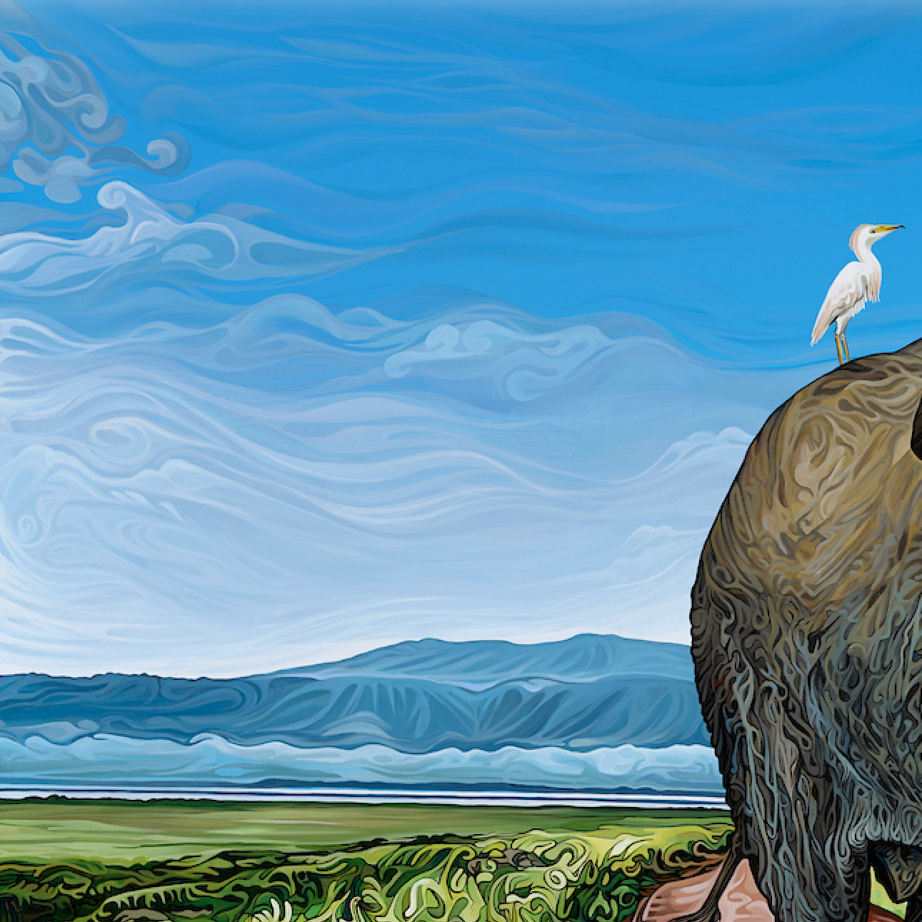 Painting of an elephant walking on a path with birds perched on its back, set against a blue sky.