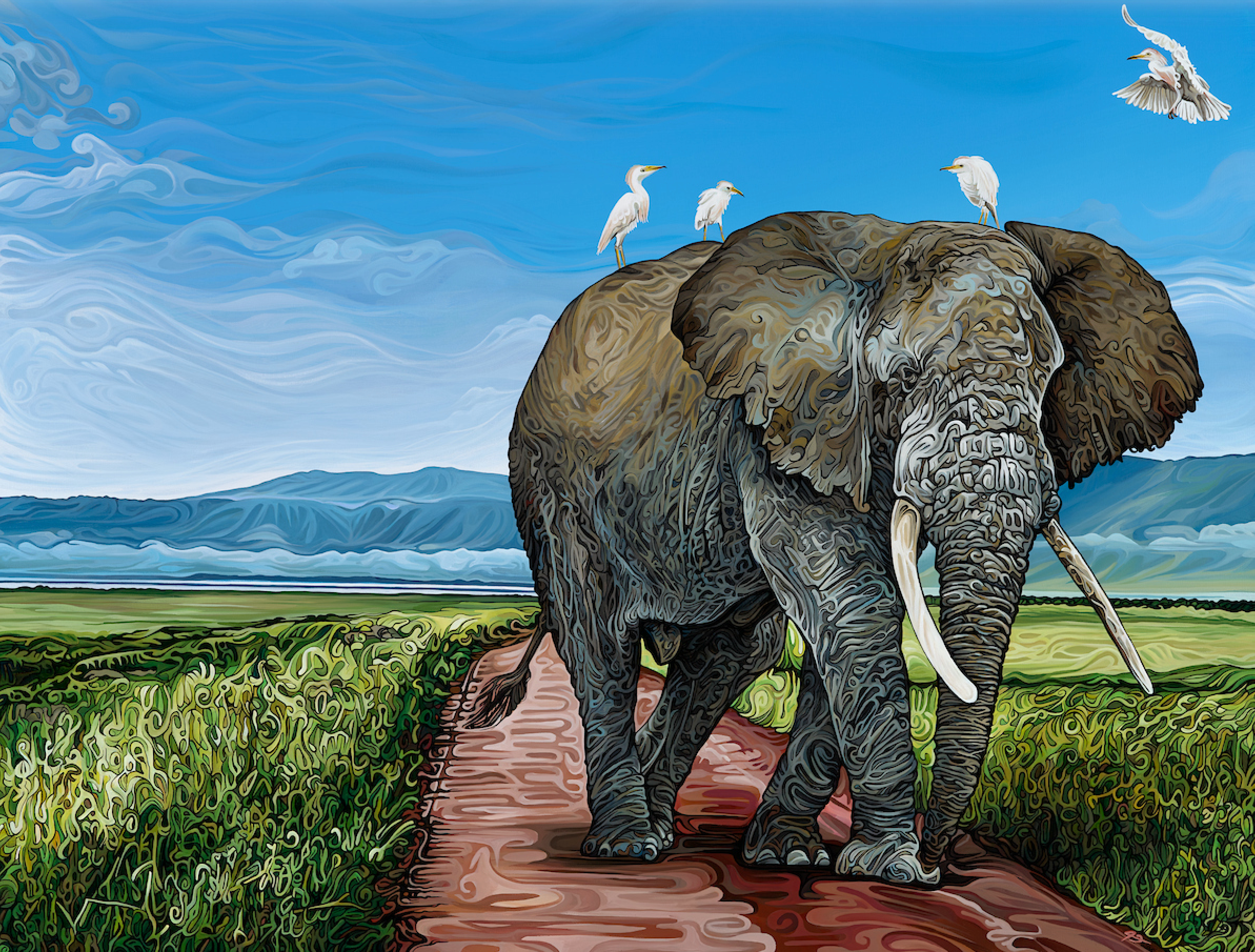 Painting of an elephant walking on a path with birds perched on its back, set against a blue sky.