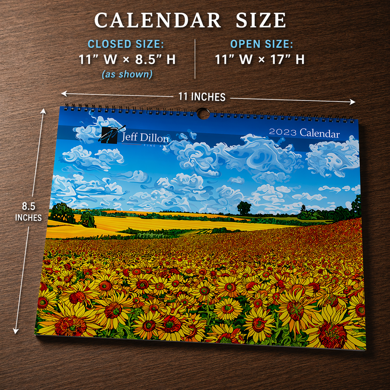 A vibrant sunflower field painting with the Jeff Dillon Fine Art logo.